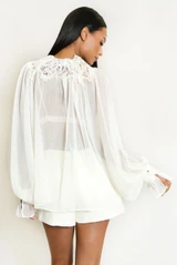 Lace Trim Sheer Tie Front Blouse