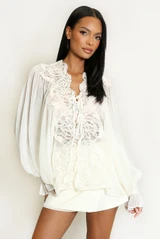 Lace Trim Sheer Tie Front Blouse