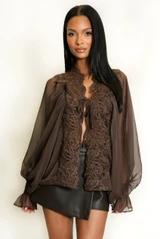Lace Trim Sheer Tie Front Blouse