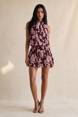 Leaf Printed Halter Mini Dress
