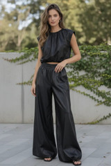PU Balloon Blouse and Trouser Set