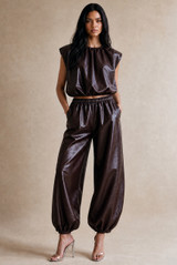 PU Balloon Blouse and Trouser Set