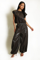 PU Balloon Blouse and Trouser Set