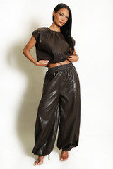 PU Balloon Blouse and Trouser Set