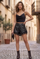 PU Flowing Shorts with Ruffle Hem