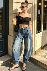 Pleated Balloon Hem Barrel Jeans