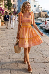 Tie Shoulders Striped Smocked Dress