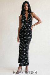 Satin Polka Dot Tie Back Midi Dress