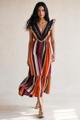 Striped Maxi Dress With Frilled Neckline