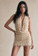 Plunge Front Sequin Cowl Neck Top
