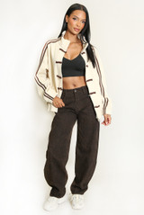 Striped Sleeve Pankou Closure Jacket
