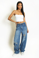 Washed Ripped Detail Tapered Jeans
