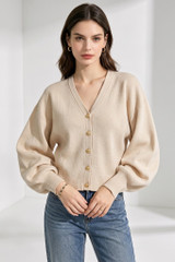 Gold-Button Puff Sleeve V-Neck Knit Cardigan