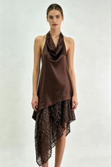 Asymmetric Satin Dress With Sequin Mesh Hem