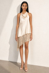 Asymmetric Satin Dress With Sequin Mesh Hem