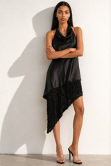 Asymmetric Satin Dress With Sequin Mesh Hem