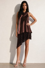 Asymmetric Satin Dress With Sequin Mesh Hem