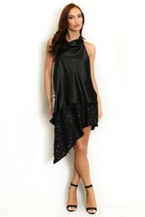 Asymmetric Satin Dress With Sequin Mesh Hem