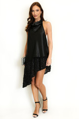Asymmetric Satin Dress With Sequin Mesh Hem