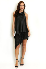 Asymmetric Satin Dress With Sequin Mesh Hem