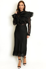 Satin Lace Hem Midi Skirt