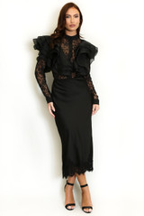Satin Lace Hem Midi Skirt