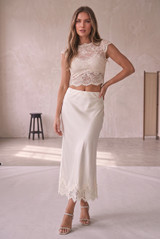 Satin Lace Hem Midi Skirt