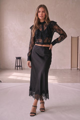 Satin Lace Hem Midi Skirt