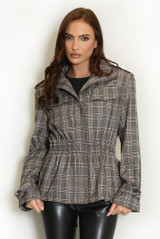 Plaid Cinched Waist High Neck Coat