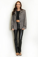 Plaid Cinched Waist High Neck Coat