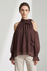 Cold Shoulders Tie Neck Chiffon Blouse