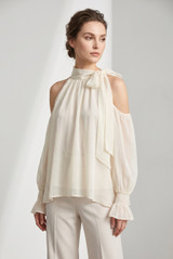 Cold Shoulders Tie Neck Chiffon Blouse