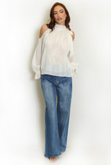 Cold Shoulders Tie Neck Chiffon Blouse