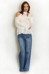 Cold Shoulders Tie Neck Chiffon Blouse