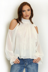 Cold Shoulders Tie Neck Chiffon Blouse
