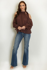 Cold Shoulders Tie Neck Chiffon Blouse
