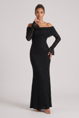 Shimmer Drape Off Shoulder Maxi