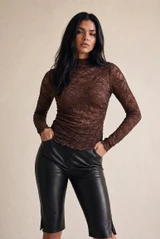 Sheer Lace Mock Neck Blouse