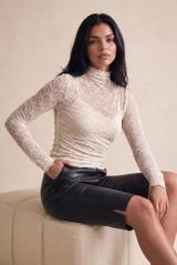 Sheer Lace Mock Neck Blouse