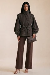Pleated Balloon Sleeve Short Trench Coat