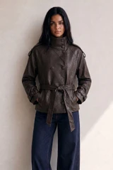 High Neck Belted Pu Jacket 