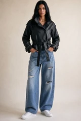 High Neck Belted Pu Jacket 