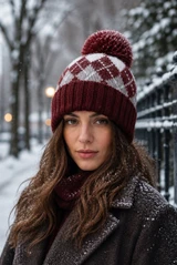 Argyle Faux Fur Pom Knitted Hat