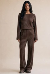 Striped Crinkle Long Sleeve Top and Trouser Set