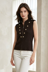 Yoke Knit Zip Up Top with Golden Buttons
