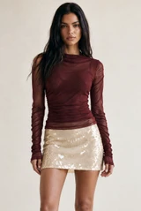 Mesh High Neck Ruched Top