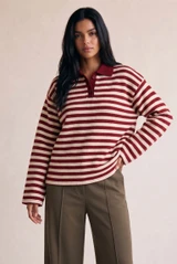 Striped Knit Jumper With Button Collar