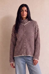 Striped Fuzzy Zip Up Jumper