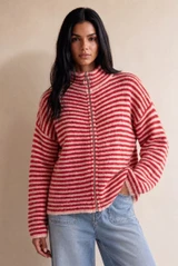 Striped Fuzzy Zip Up Jumper