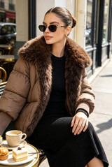 Faux Fur Trim Puffer Jacket With Ribbed Cuff